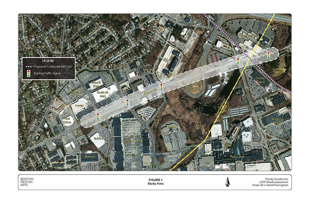 FIGURE 1. Aerial-view map of the Route 30 study area, citing locations of existing traffic signals and the proposed Cochituate Rail Trail.